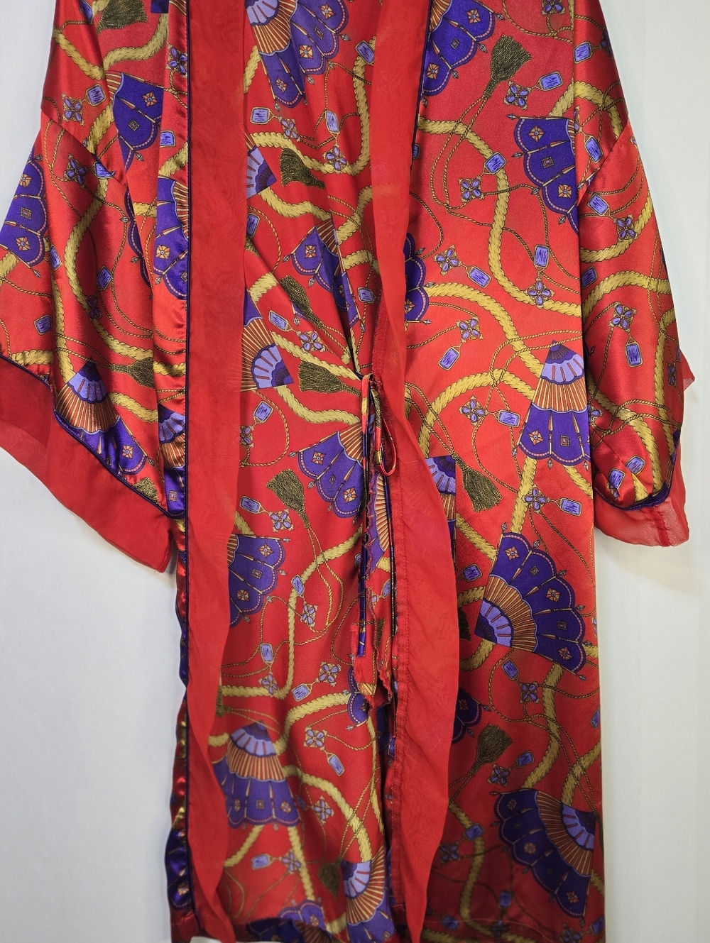 Cacique Size M Red S/Sl Belted, Silky Kimono/Robe with Purple & Gold Fan Print - Picture 2 of 7